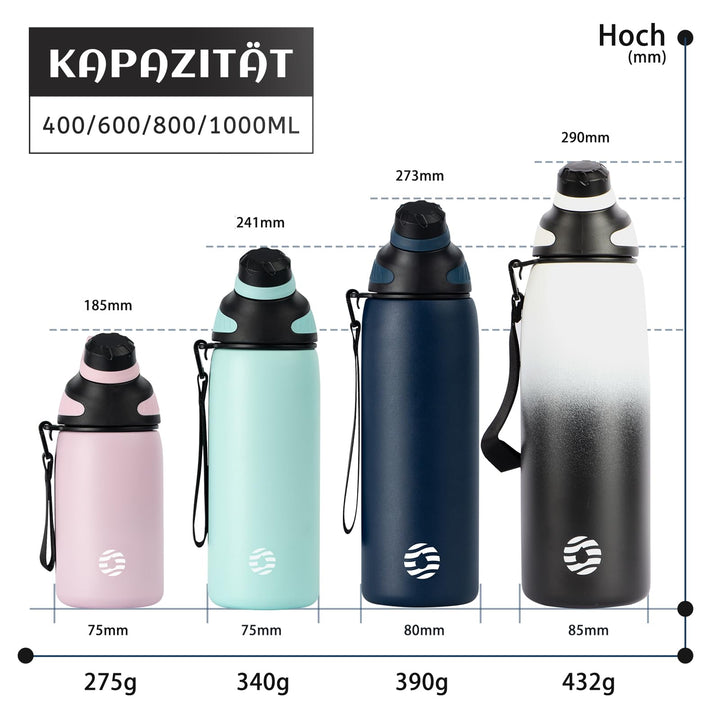Bouteille d'eau isotherme en acier inoxydable avec couvercle magnétique, bouteille d'eau gazeuse, bleu, 1 000 ml 