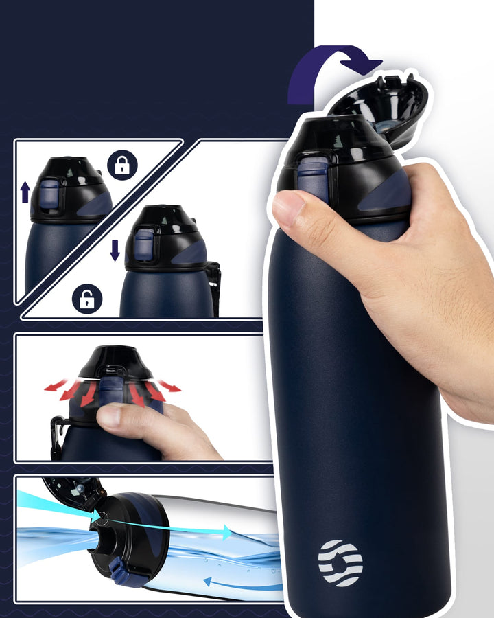 1000ml stainless steel thermos water bottle with carrying bag, carbonated water bottle, black 