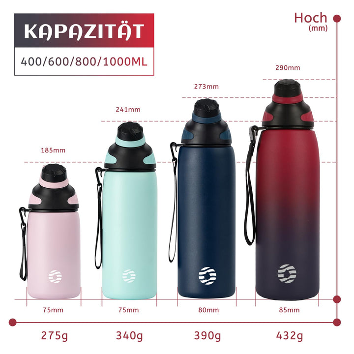 Bouteille d'eau isotherme en acier inoxydable avec couvercle magnétique, bouteille d'eau gazeuse, bleu, 1 000 ml 
