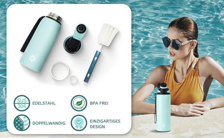 Bouteille d'eau isotherme en acier inoxydable de 600 ml avec couvercle magnétique, bouteille d'eau gazeuse, bleu