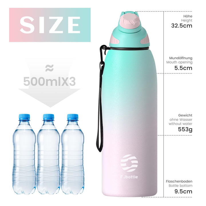 Bouteille de sport en acier inoxydable de 1 500 ml avec couvercle magnétique, bouteille d'eau isotherme, bleu 
