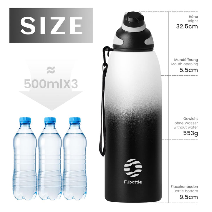 Bouteille de sport en acier inoxydable de 1 500 ml avec couvercle magnétique, bouteille d'eau isotherme, bleu 