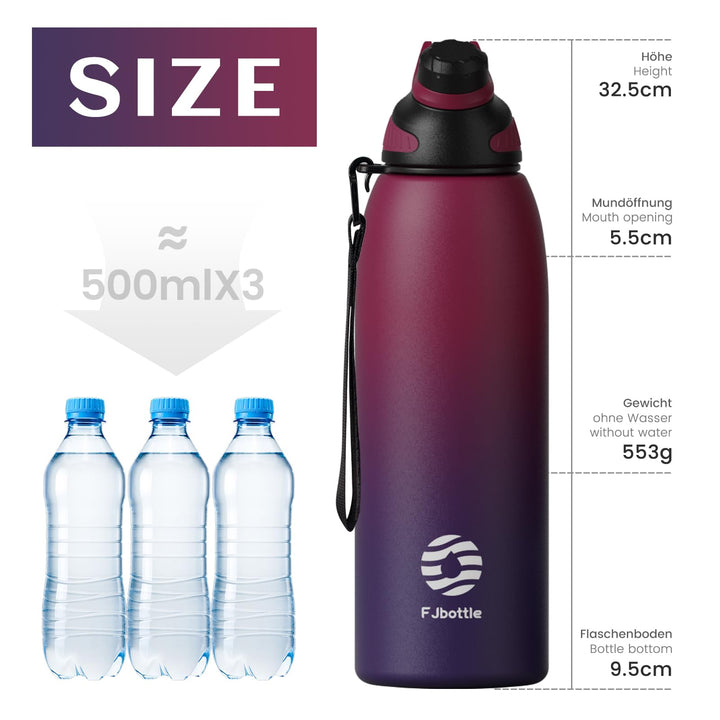 Bouteille de sport en acier inoxydable de 1 500 ml avec couvercle magnétique, bouteille d'eau isotherme, bleu 