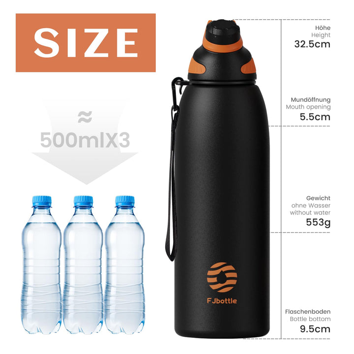 Bouteille de sport en acier inoxydable de 1 500 ml avec couvercle magnétique, bouteille d'eau isotherme, bleu 