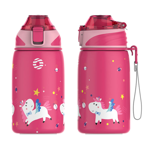 400ml Children's Insulated Water Bottle with straw, pink unicorn 