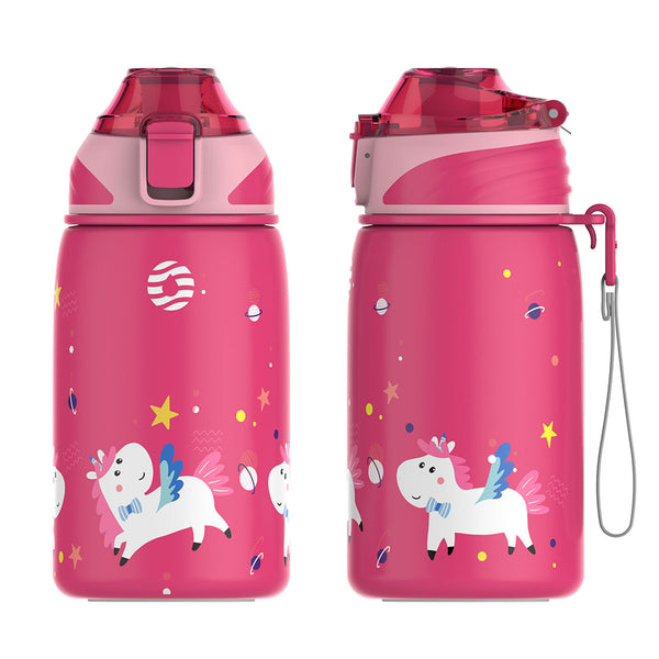 Borraccia termica per bambini da 400 ml con cannuccia, unicorno rosa 