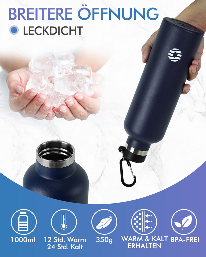 Bouteille isotherme en acier inoxydable avec mousqueton, 750 ml, bouteille d'eau gazeuse, vert foncé 