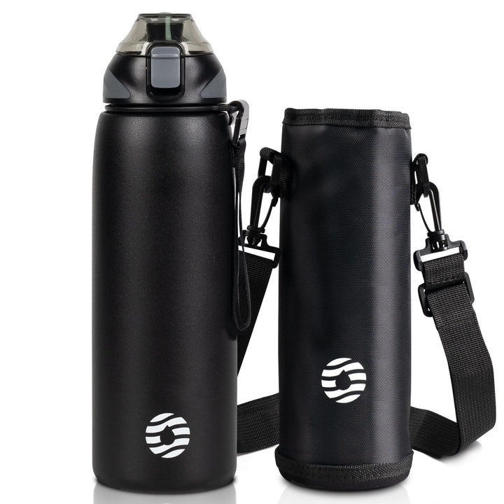 800ml stainless steel thermos water bottle with carrying bag, carbonated drink bottle, blue