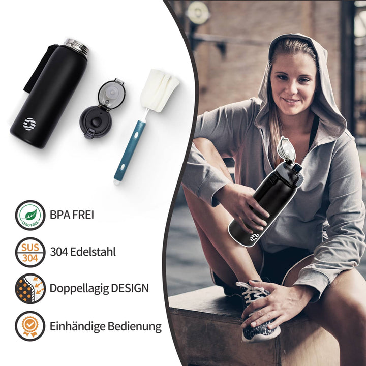 800ml stainless steel thermos water bottle with carrying bag, carbonated drink bottle, blue