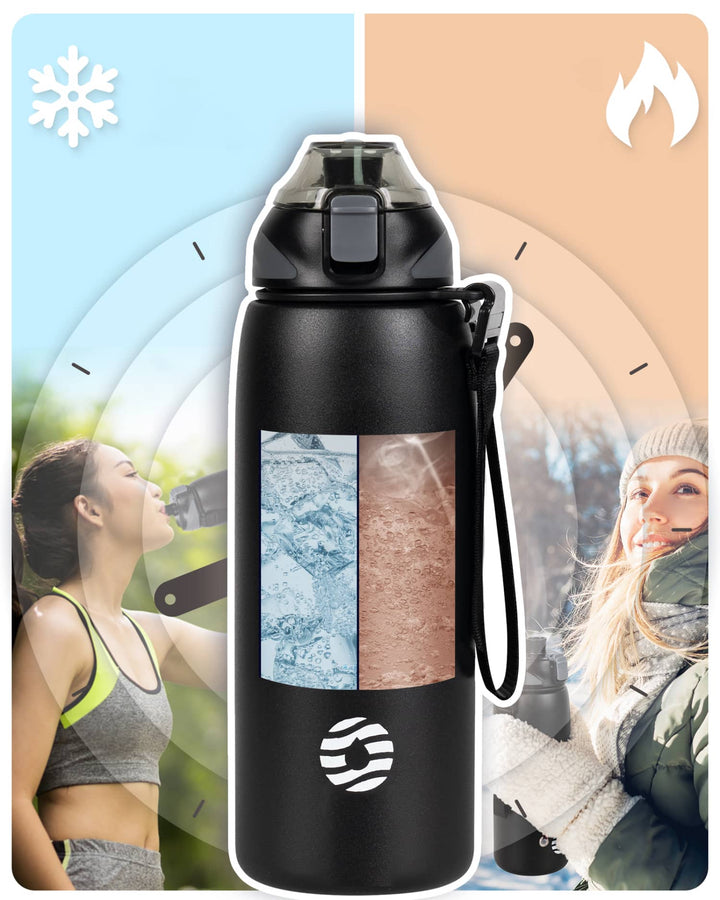 800ml stainless steel thermos water bottle with carrying bag, carbonated drink bottle, blue