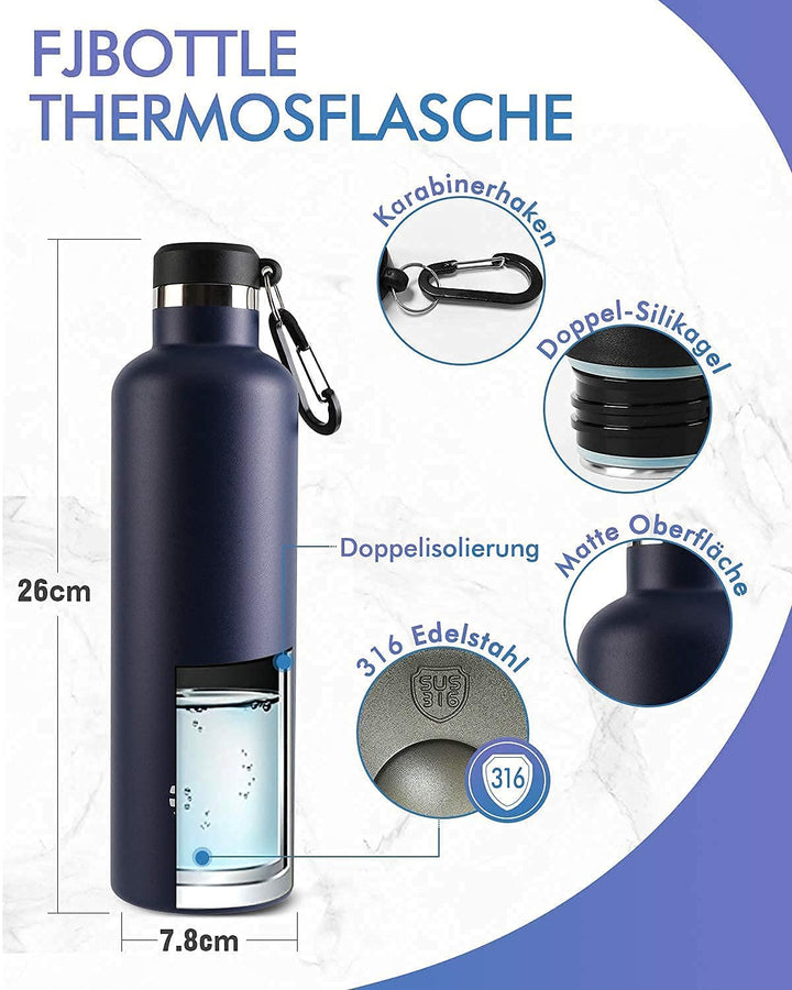 Bouteille isotherme en acier inoxydable avec mousqueton, 750 ml, bouteille d'eau gazeuse, vert foncé 