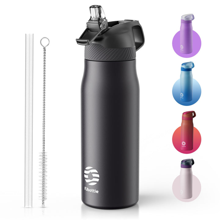 Bouteille d'eau isotherme en acier inoxydable de 710 ml avec paille, noir et orange
