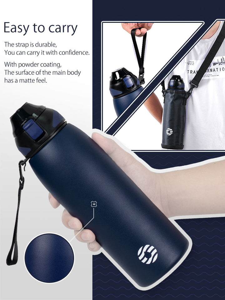 1000ml stainless steel thermos water bottle with carrying bag, carbonated water bottle, black 