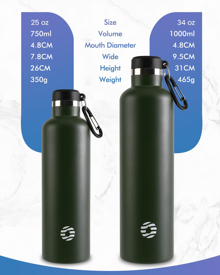 Bouteille isotherme en acier inoxydable avec mousqueton, 750 ml, bouteille d'eau gazeuse, vert foncé 