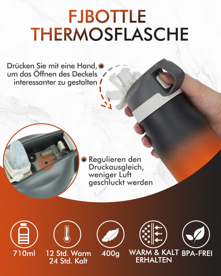 Bouteille d'eau isotherme en acier inoxydable de 710 ml avec paille, noir et orange