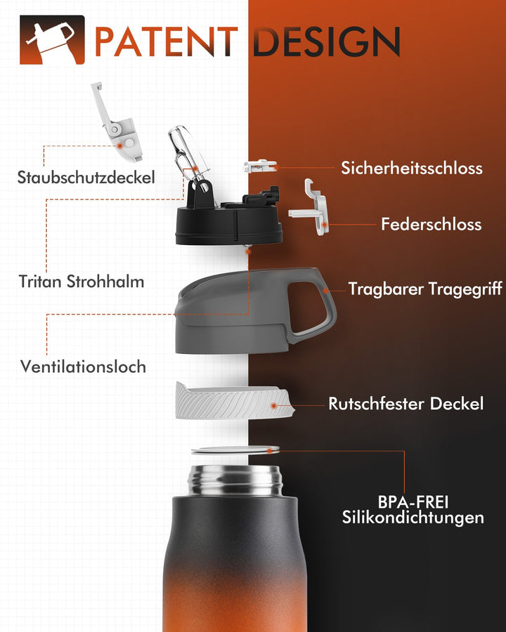 Bouteille d'eau isotherme en acier inoxydable de 710 ml avec paille, noir et orange