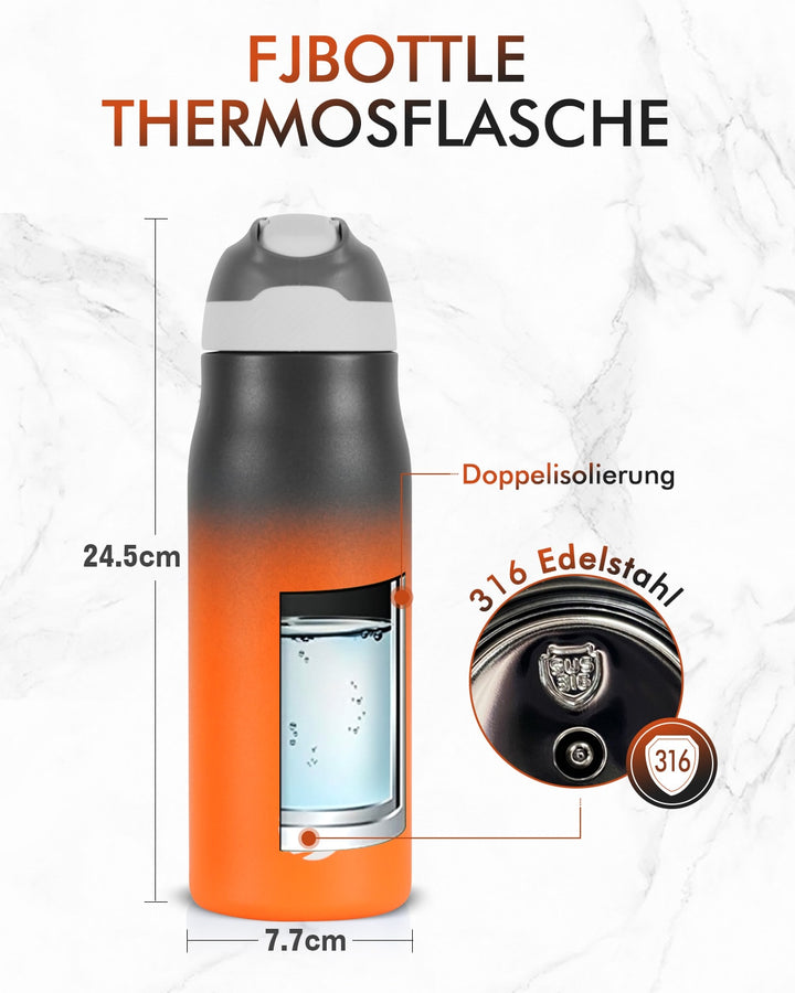 Bouteille d'eau isotherme en acier inoxydable de 710 ml avec paille, noir et orange