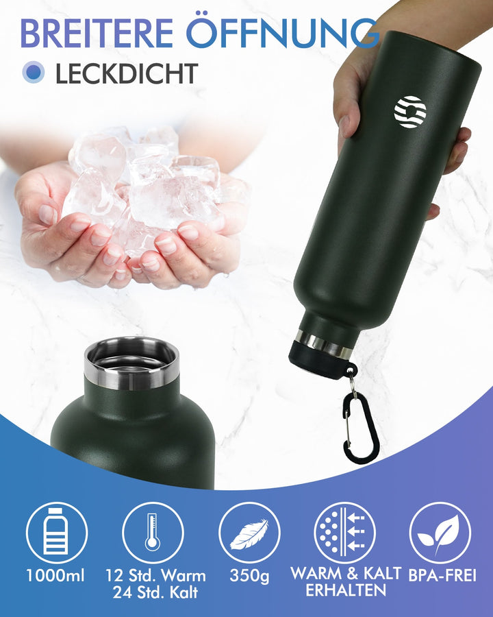 Bouteille isotherme en acier inoxydable avec mousqueton, 750 ml, bouteille d'eau gazeuse, vert foncé 