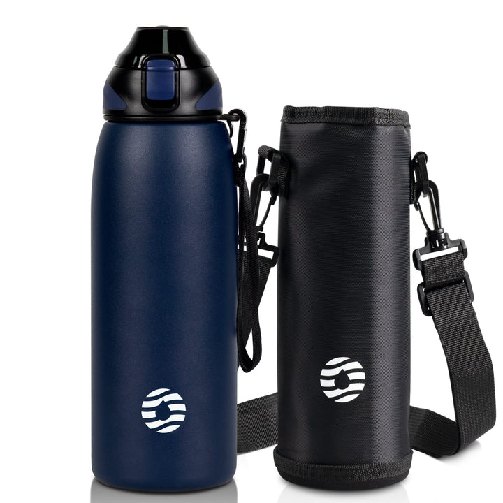 800ml stainless steel thermos water bottle with carrying bag, carbonated drink bottle, blue