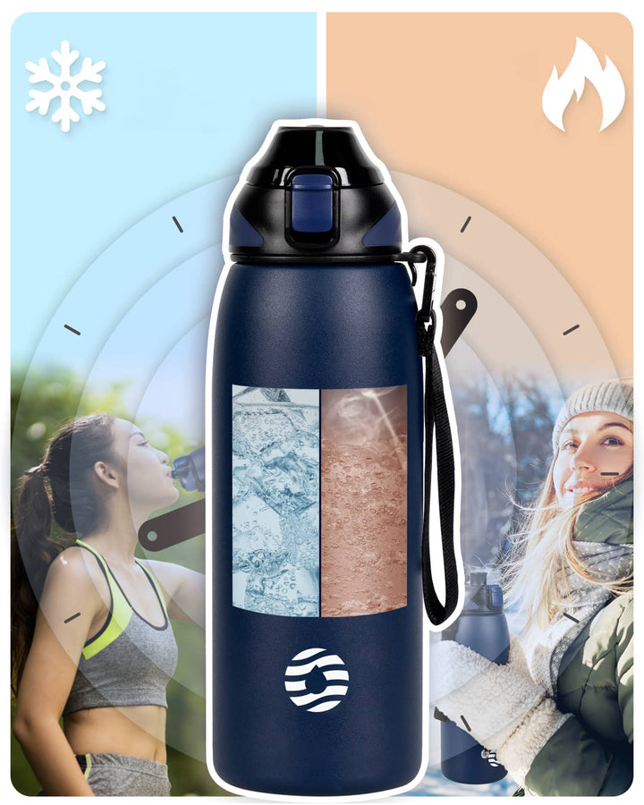 800ml stainless steel thermos water bottle with carrying bag, carbonated drink bottle, blue