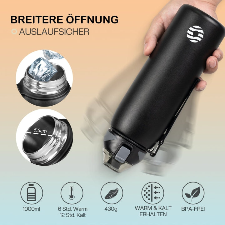 1000ml stainless steel thermos water bottle with carrying bag, carbonated water bottle, black 