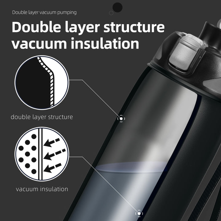 1000ml stainless steel thermos water bottle with carrying bag, carbonated water bottle, black 